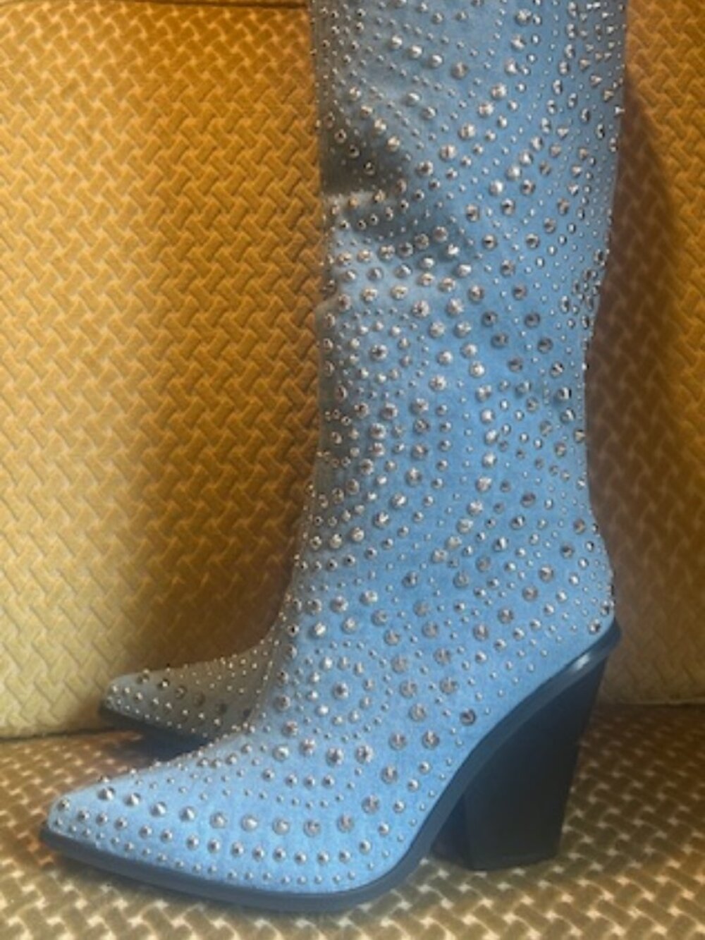 Azalea Wang Texas Studded Denim Pull On Cushioned Wedge Cut Heel Cowboy Boot NEW - Picture 4 of 16